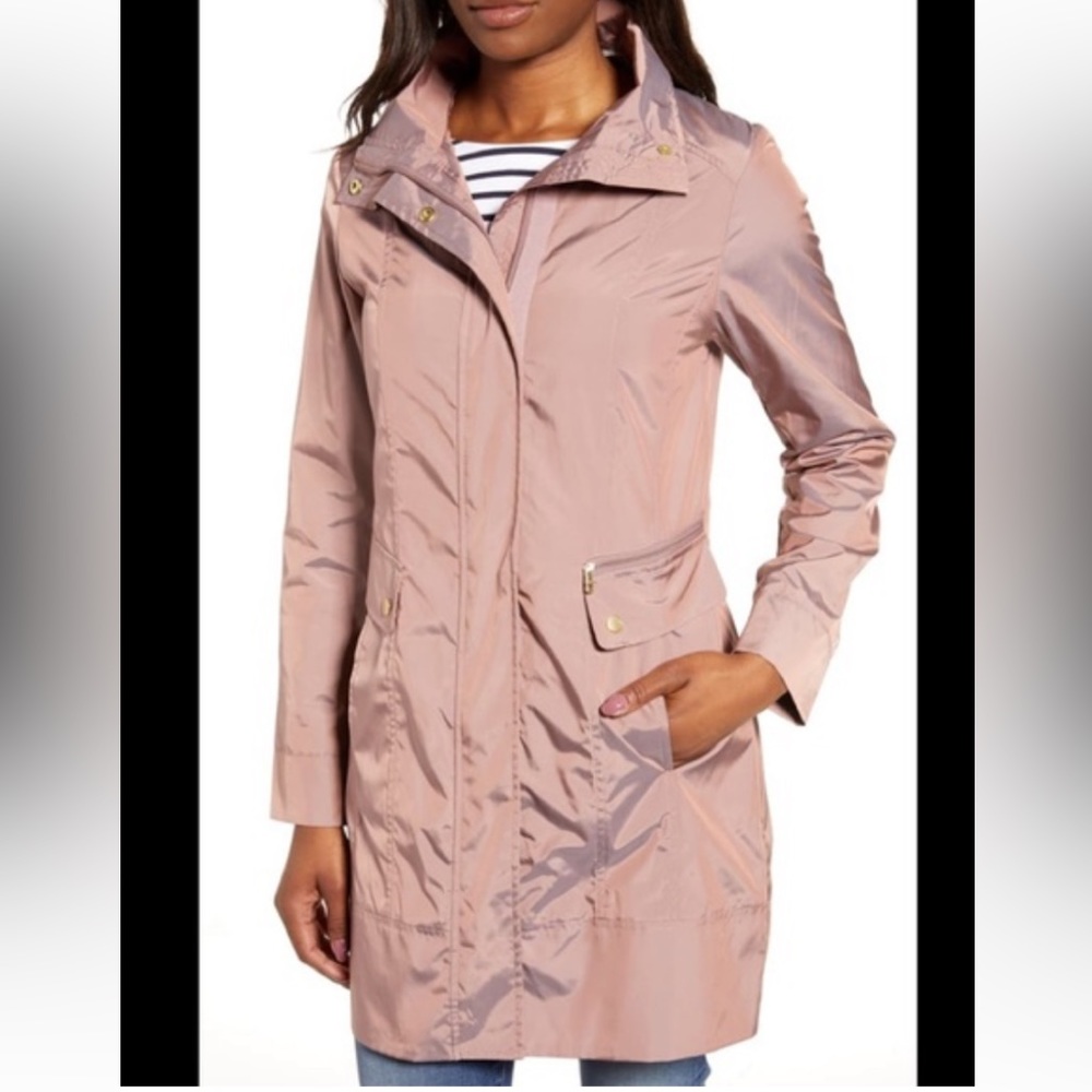 NWOT Cole Haan Signature Back Bow Packable Hooded Raincoat Pink Jacket S /P